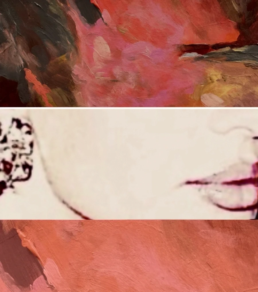 Collage: smudged coral painting, face, coral band
