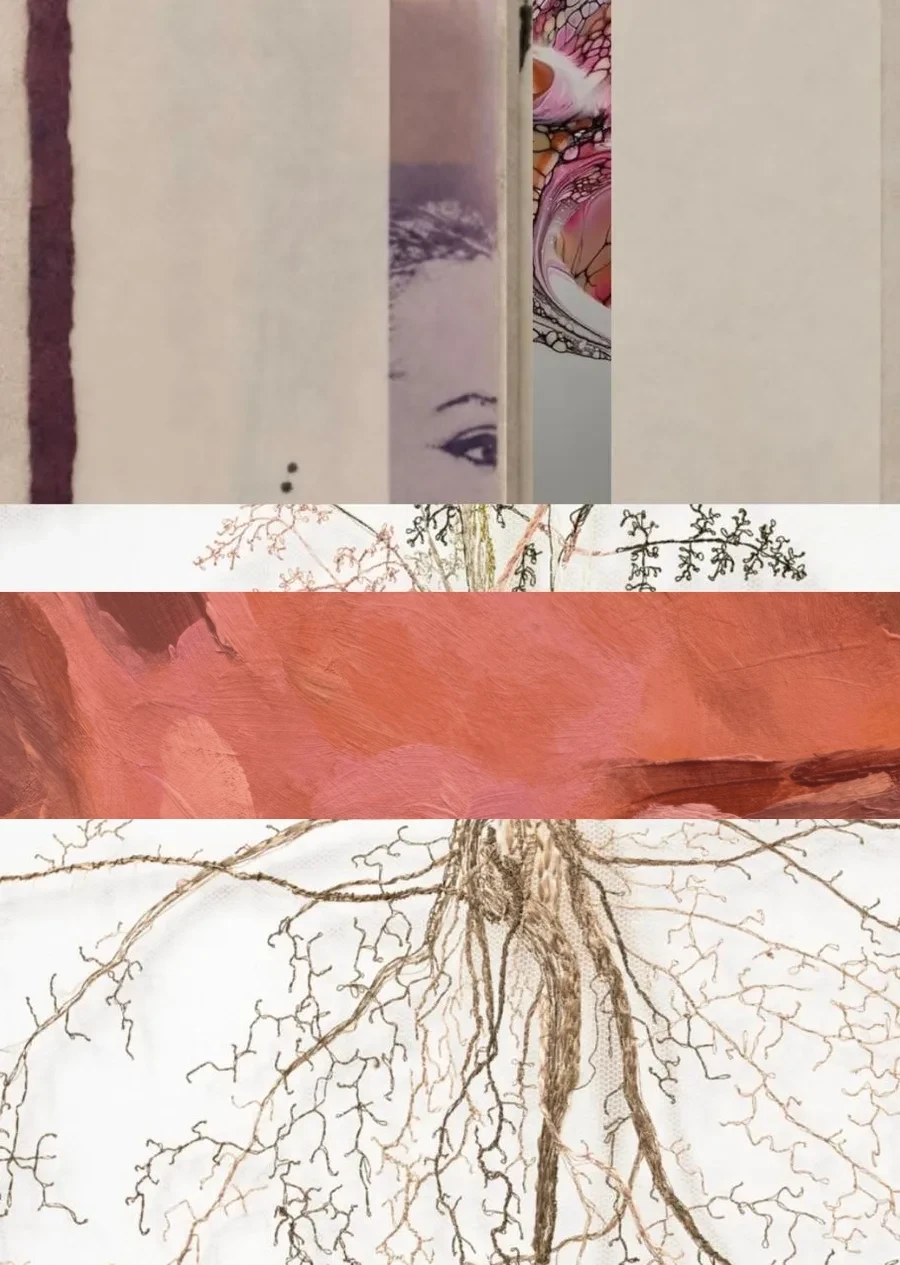 Collage: portrait strip, marbled pink, embroidered roots