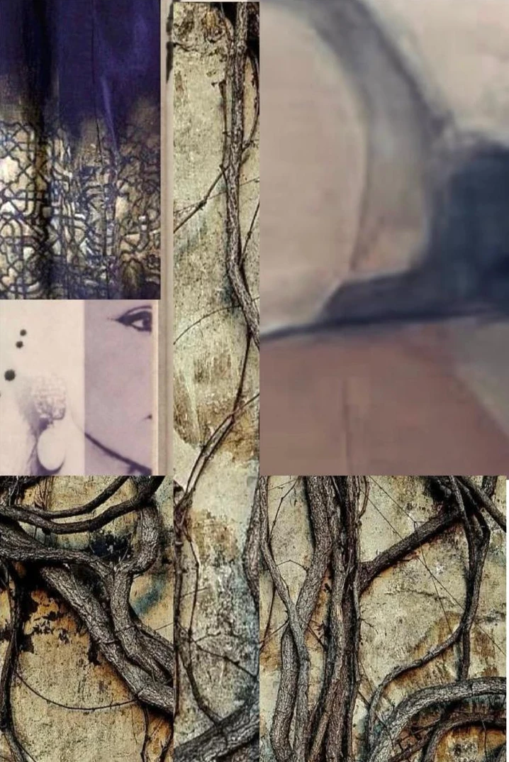 Collage of violet lattice, vine-wrapped bark and grey silk
