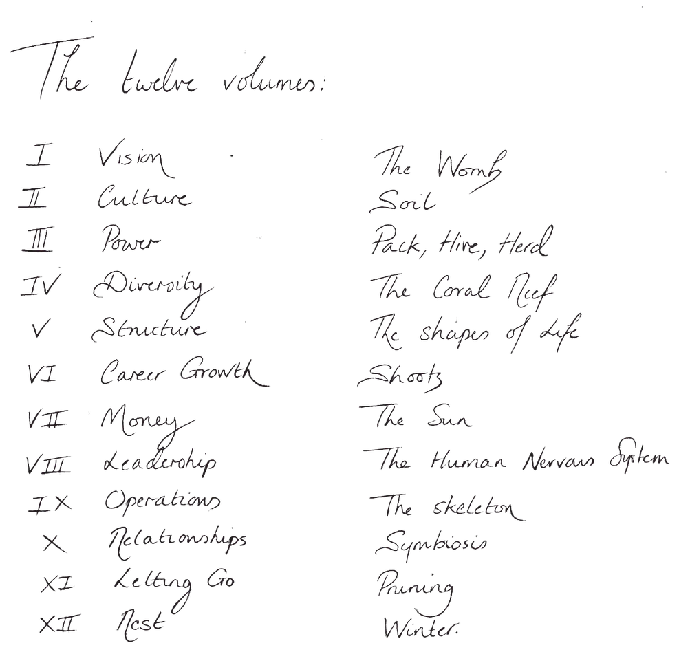 The twelve volumes, handwritten: I Vision, The Womb. II Culture, Soil. III Power, Pack, Hive, Herd. IV Diversity, The Coral Reef. V Structure, The Shapes of Life. VI Career Growth, Shoots. VII Money, The Sun. VIII Leadership, The Human Nervous System. IX Operations, The Skeleton. X Relationships, Symbiosis. XI Letting Go, Pruning. XII Rest, Winter.