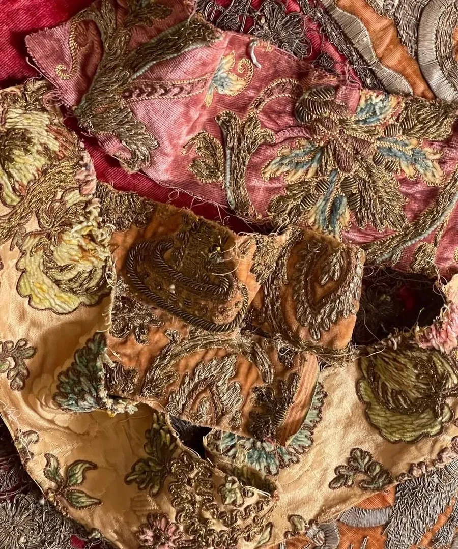 Coral embroidered fabric collage